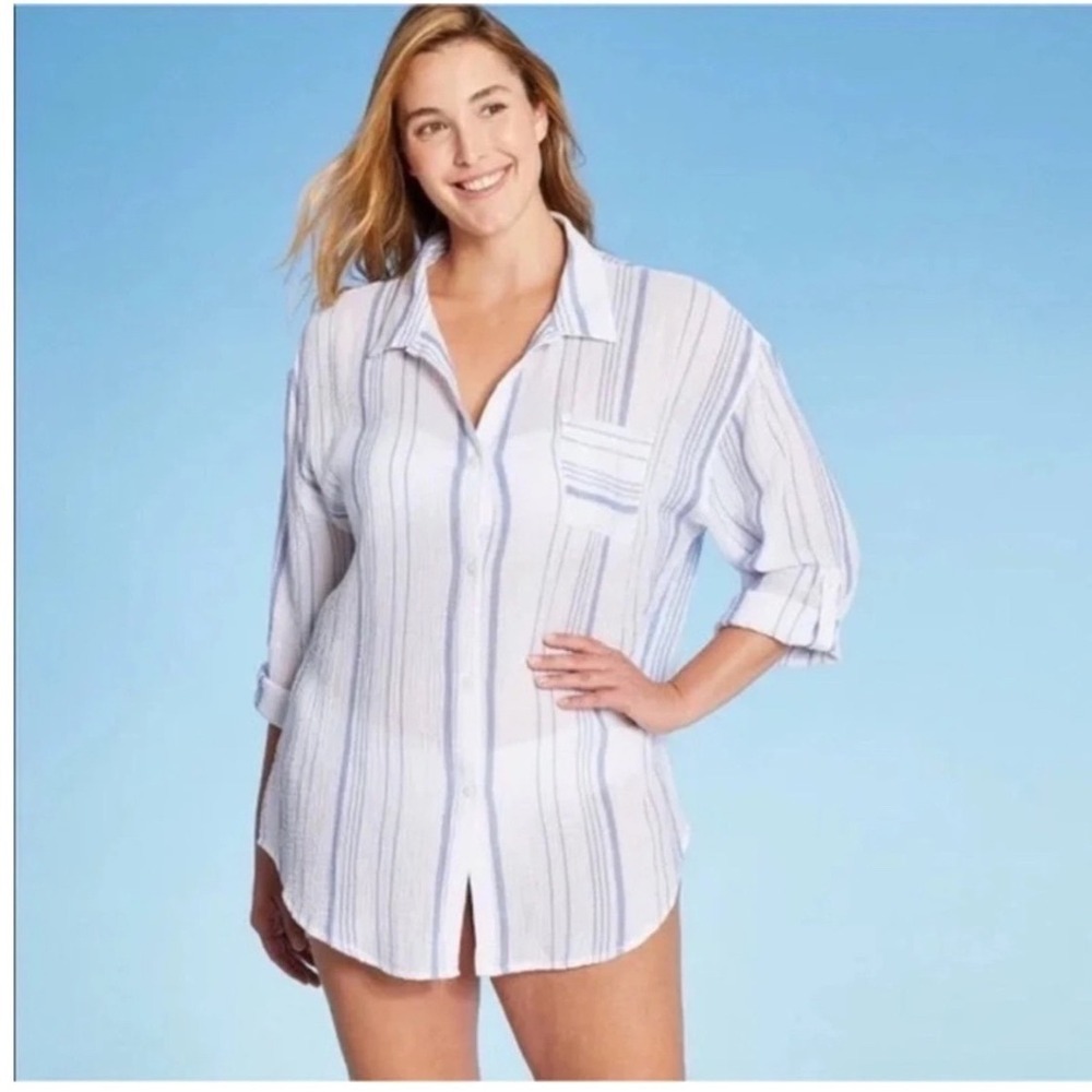 Kona Sol Womens XL Blue White Striped Cotton Gauze Button Down Swim Cover Up